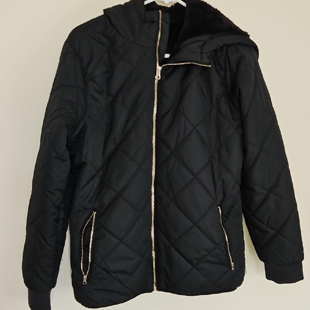 Avalanche Black Quilted Faux Fur Jacket Gold Zippers Pockets Womens Size L